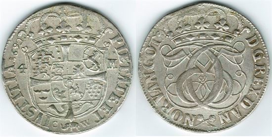 År 1692 - Chr. V - 1 krone i kv. 1+ H90C Sieg 46.3