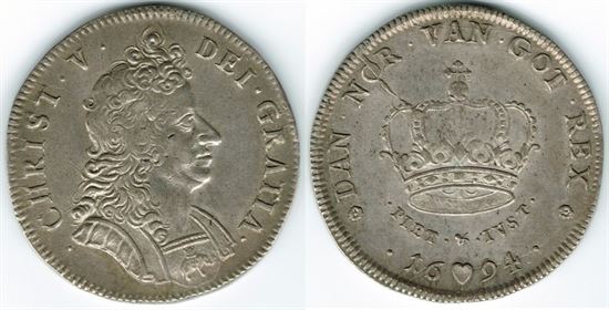 År 1694 - Chr. V - 1 krone i kv. 1+ - 01 H99A Sieg 51.1