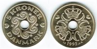 5 kr. 1992 i kv. S - fra Kgl. møntsæt