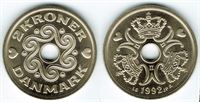 2 kr. 1992 i kv. S - fra Kgl. møntsæt