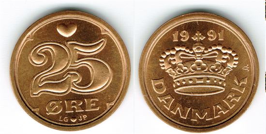 25 øre 1991 i kv. S - fra Kgl. møntsæt