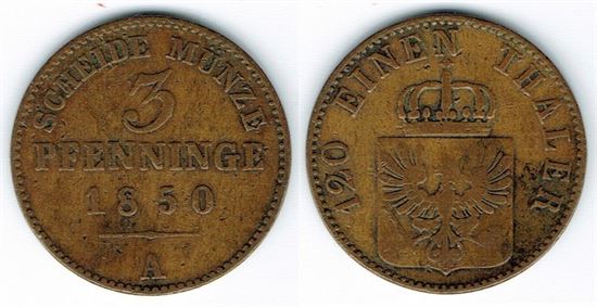 Tyskland: Brandenburg - Preussen: 3 pfennig 1850 A