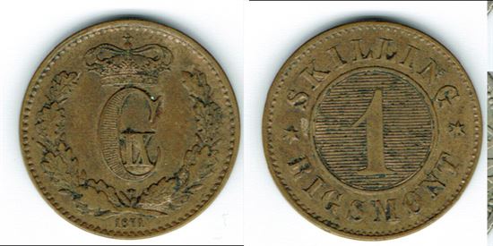 År 1872 - Chr. IX - 1 skilling rigsmønt i kv. 1 Sieg 2 H6