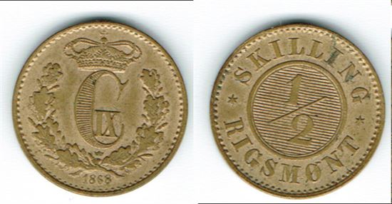 År 1868 - Chr. IX - 1/2 skilling rigsmønt i kv. 1+ - 01 Sieg 1 H7