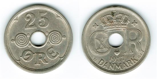 25 øre 1937 i kv. (01 - 0) - plet på kronen