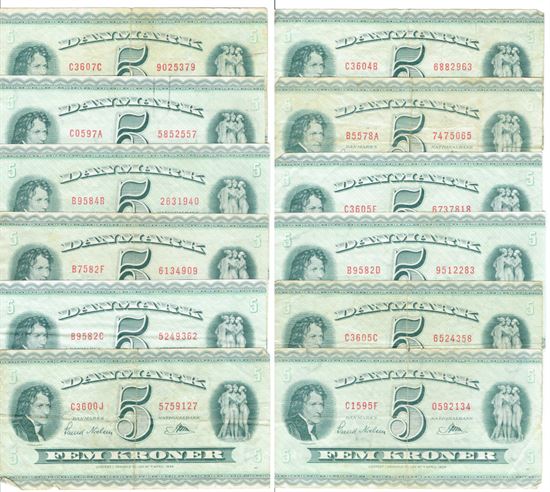 Seddel: 5 kr. 1957 - 1960 12 stk. omkring kv. 1 - 1+