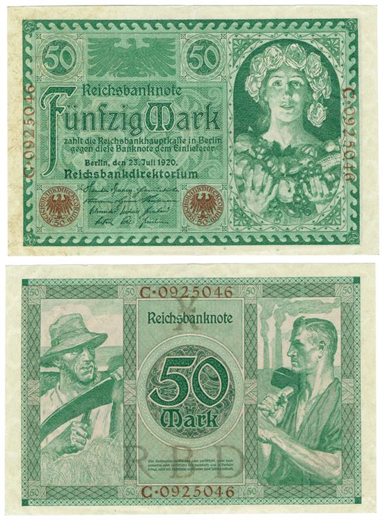 Seddel: Tyskland 50 mark 1920 i kv. 1+