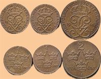 Sverige: 1 øre 1934, 1935 og 2 øre 1935 i kv. 0