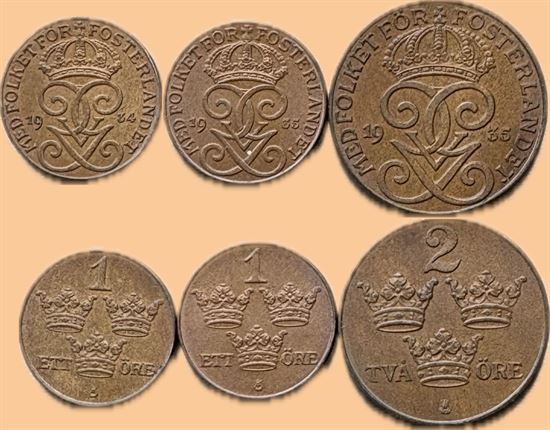 Sverige: 1 øre 1934, 1935 og 2 øre 1935 i kv. 0