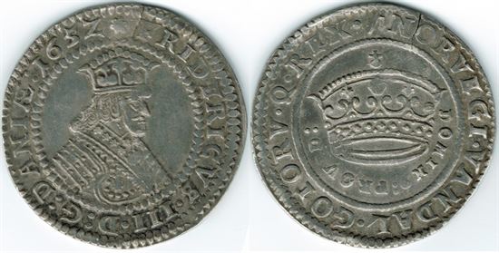 År 1652 - Fr. III - 1 krone i kv. 1+ - 01  H84A Sieg 42.2