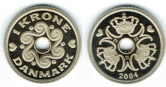 1 kr. 2004 i kv. M - fra Kgl. Proof møntsæt