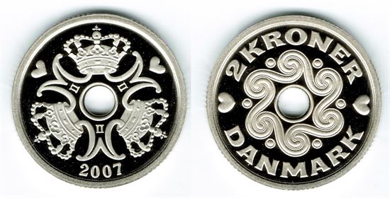 2 kr. 2007 i kv. M - fra Kgl. Proof møntsæt