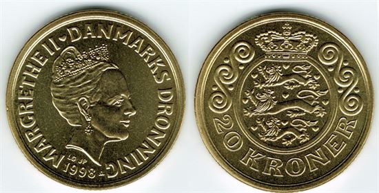 20 kr. 1998 i kv. S - fra Kgl. møntsæt