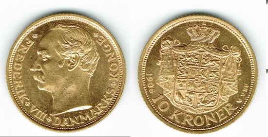 Guld 10 kr. 1908 i kv. 0