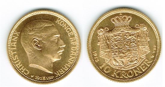 Guld 10 kr. 1913 i kv. 0