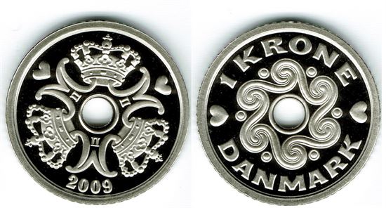 1 kr. 2009 i kv. M - fra Kgl. Proof møntsæt