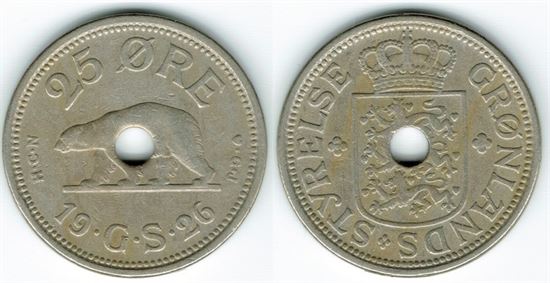 Grønland: 25 øre 1926 i kv. 1 - 1+ Sieg 2 med hul