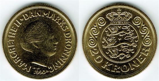 20 kr. 1990 i kv. S  - fra Kgl. møntsæt