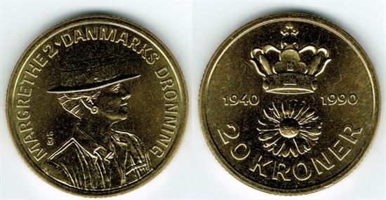 Erindringsmønt - Årgang 1990 20 kr. i kv. S - fra Kgl. møntsæt