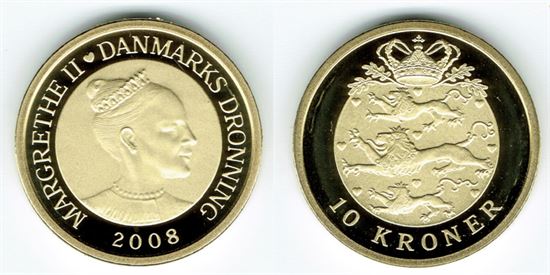 10 kr. 2008 i kv. M - fra Kgl. Proof møntsæt
