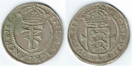 År 1654 - Fr. III - 1 krone i kv. 1+