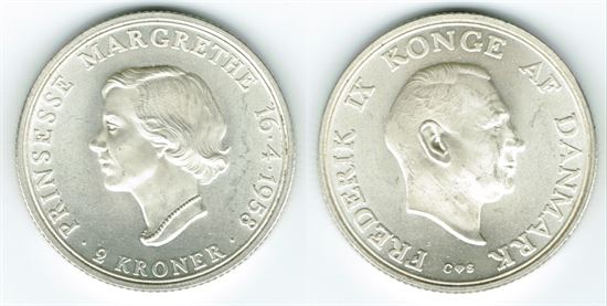 Erindringsmønt - Årgang 1958 2 kr. sølv i kv. 0
