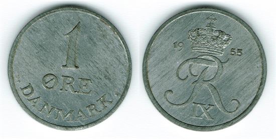 1 øre 1955 i kv. 0 - flot lys mønt