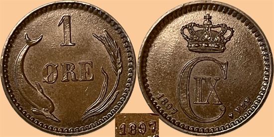 1 øre 1897 i kv. 01 - variant, hvor stempel er rettet fra 94 til 97