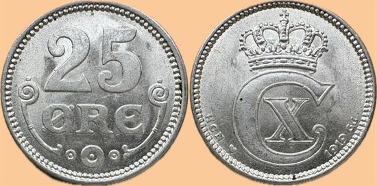 25 øre 1919 i kv. 0 - enkelte små pletter