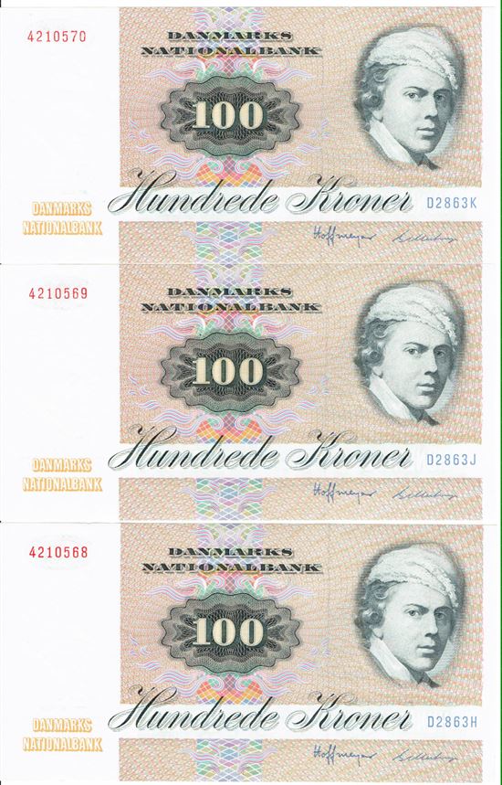 Seddel: 100 kr. 1986 D2863 i kv. 01 - 0 3 stk. forløbende nr.