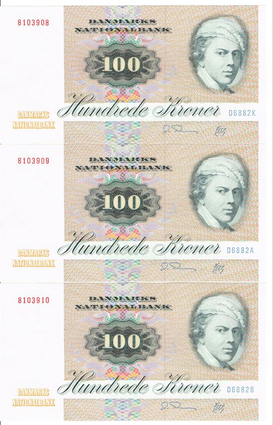 Seddel: 100 kr. 1988 D6882 i kv. 01 - 0 3 stk. fortløbende nr.