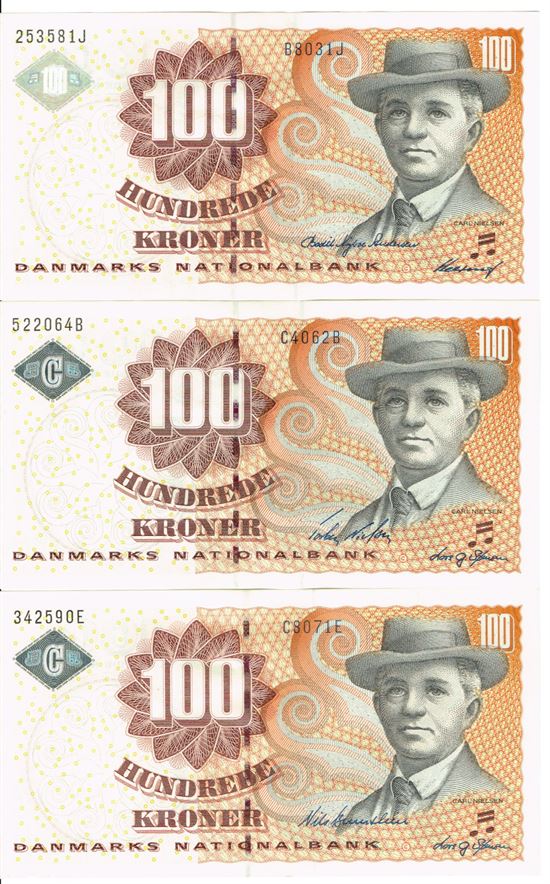 Seddel: 100 kr. 2003 - 2007 i kv. 0 3 stk. litra B8, C4 og C8 