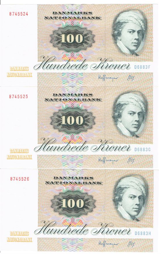 Seddel: 100 kr. 1988 D6883 i kv. 01 - 0 3 stk. fortløbende nr.