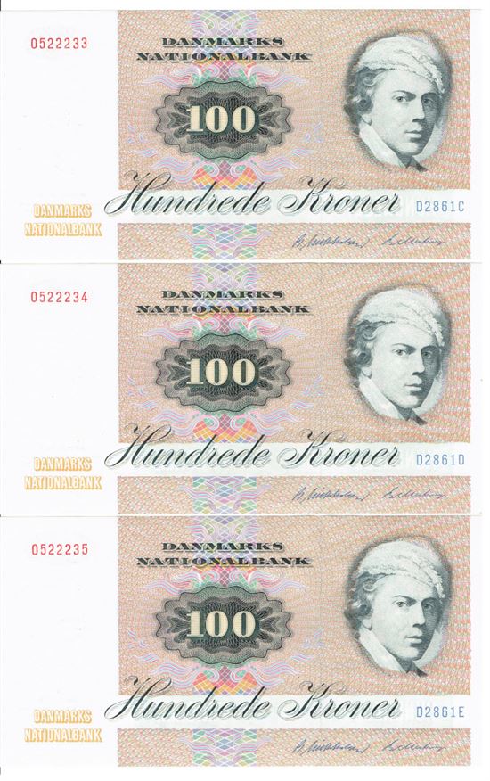 Seddel: 100 kr. 1986 D2861 i kv. 0 3 stk. fortløbende nr.