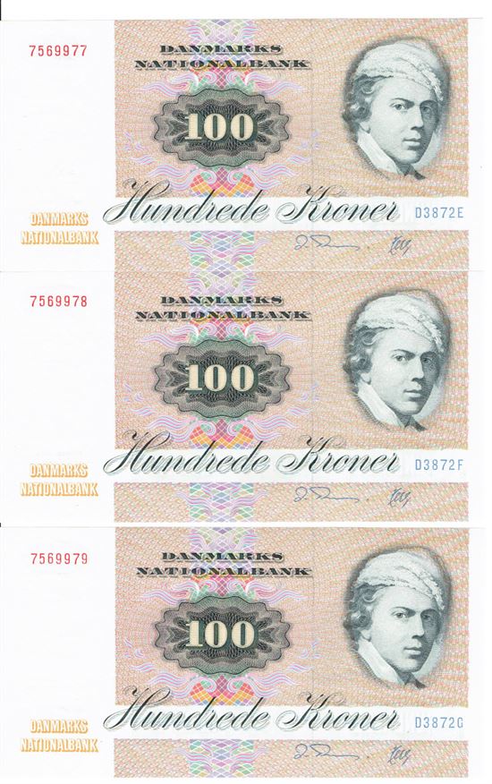 Seddel: 100 kr. 1987 D3872 i kv. 0 3 stk. fortløbende nr.