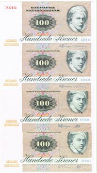 Seddel: 100 kr. 1986 - 1989 i kv. 1+ 4 stk.