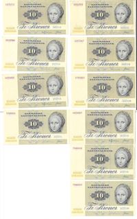 Seddel: 10 kr. 1972 A0-A2 10 stk. omkring kv. 01 - 0