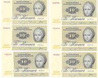 Seddel: 10 kr. 1975 A5-A6 6 stk. omkring kv. 01 - 0