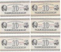 Seddel: 10 kr. 1972 - 1973 C3-C7 6 stk. omkring kv. 01 - 0