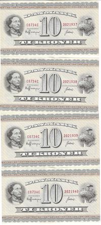 Seddel: 10 kr. 1973 C6734C i kv. 01 - 0 4 stk. forløbende nr.