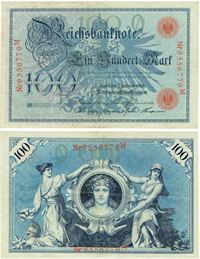 Seddel: Tyskland 100 mark 1908 - rødt serienr. i kv. 1+