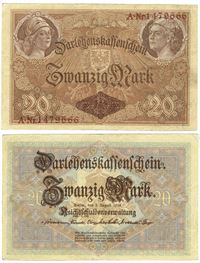 Seddel: Tyskland 20 mark 1914 i kv. 1 - 1+