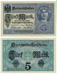 Seddel: Tyskland 5 mark 1917 i kv. 01 - 0