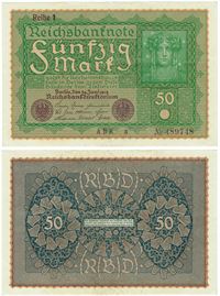 Seddel: Tyskland 50 mark 1919 i kv. 1+