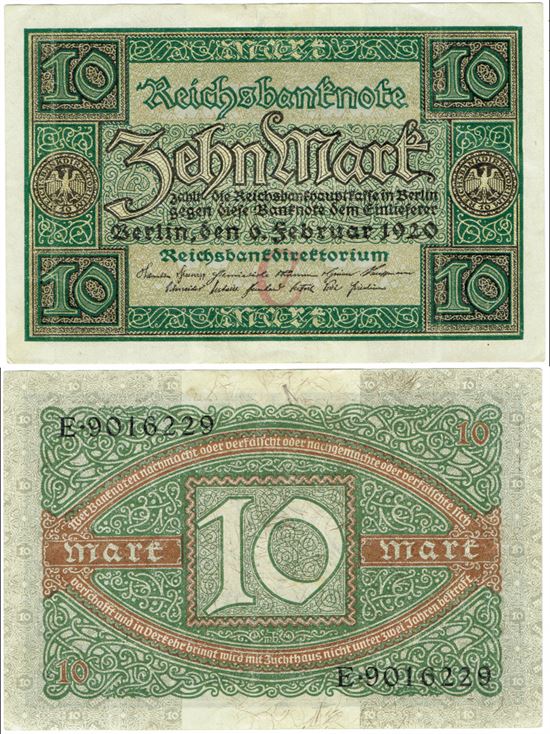 Seddel: Tyskland 10 mark 1920 i kv. 1++