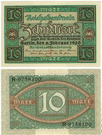 Seddel: Tyskland 10 mark 1920 i kv. 0