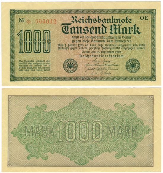 Seddel: Tyskland 1000 mark 1922 i kv. 1+ - 01 Ni 000012