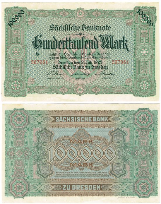 Seddel: Tyskland 100.000 mark 1923 i kv. 01