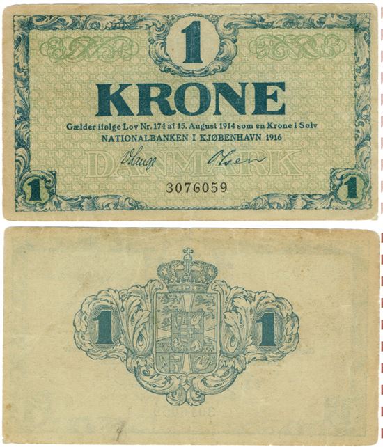 Seddel: 1 kr. 1916 uden bogstav i kv. 1+ falmet papir