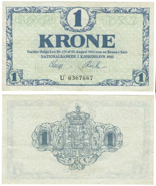 Seddel: 1 kr. 1921 bogstav U i kv. 1+ - 01